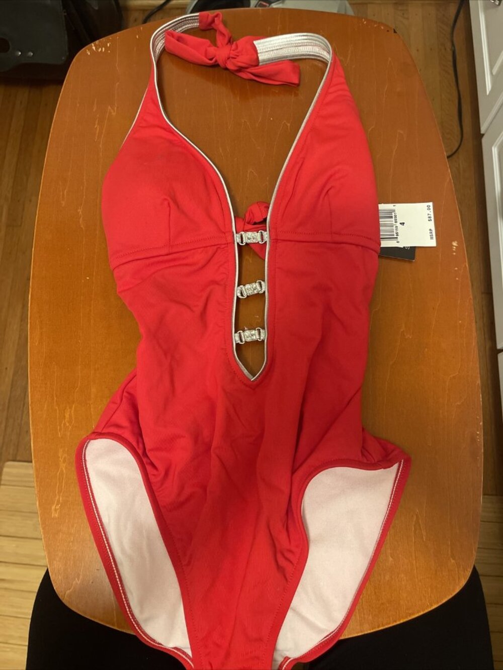 SoLo Red Plunge Rhinestone Halter One Piece Swim Suit Women's sz 4 $87